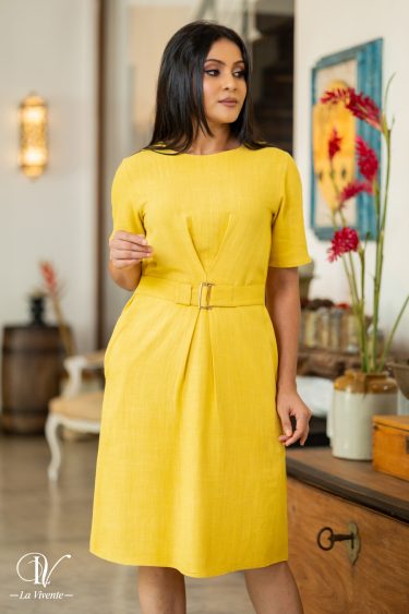 Front Pleated Belted Short Dress