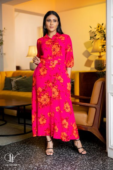 Floral Patterned Belted Maxi Shirt Dress