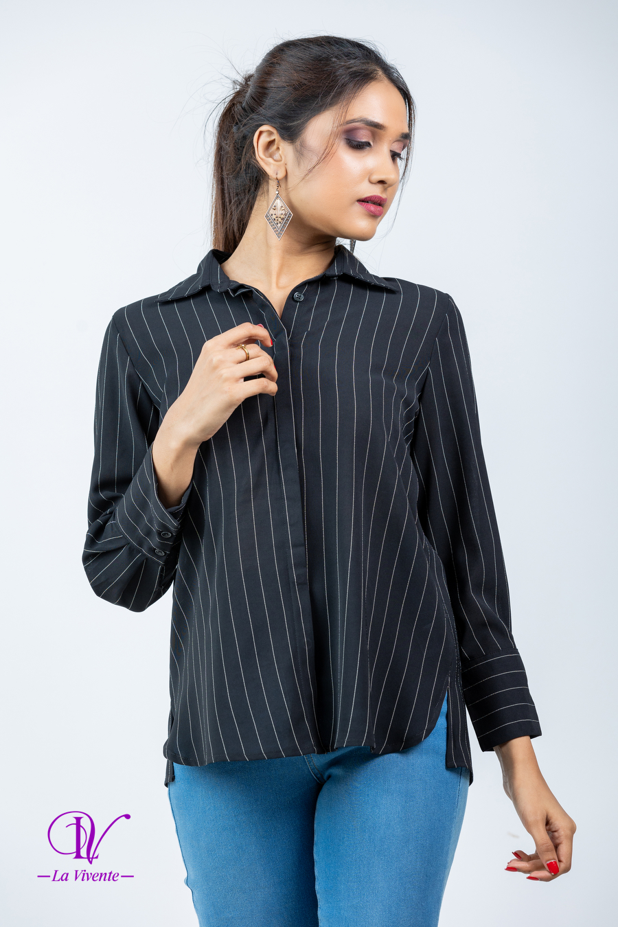 Striped Button Up Shirt Blouse - Image 3