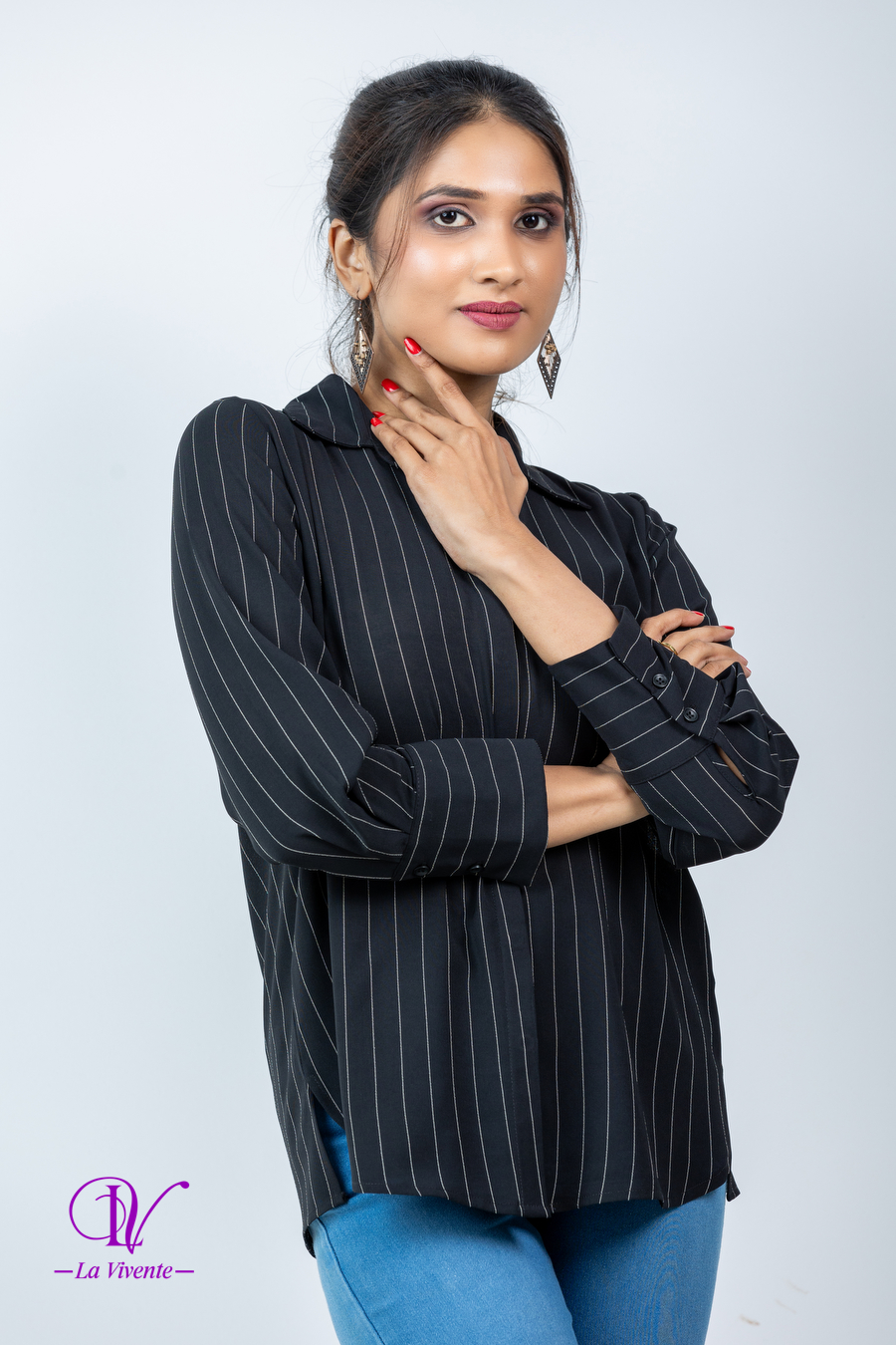 Striped Button Up Shirt Blouse - Image 2