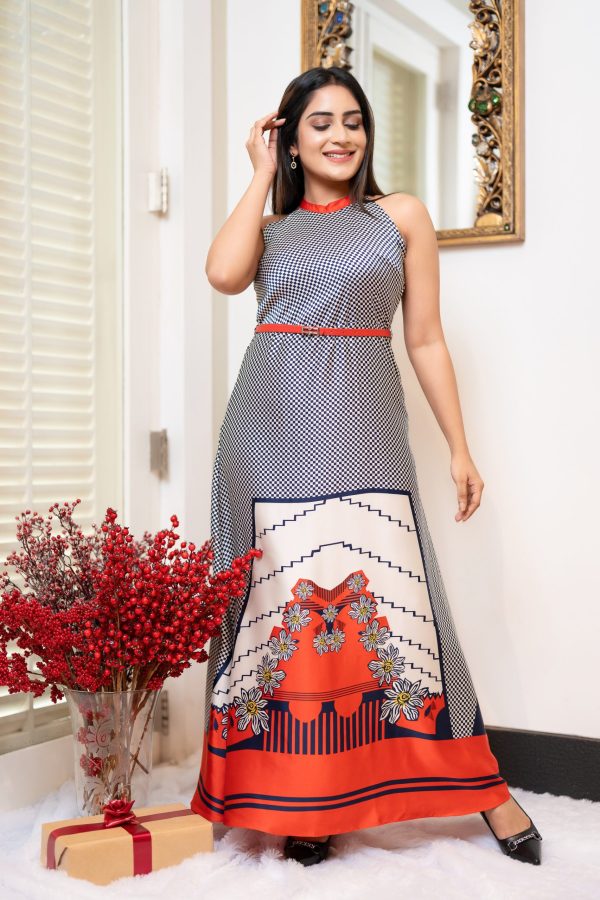 Check Patterned Halter Neck Belted Evening Wear Maxi