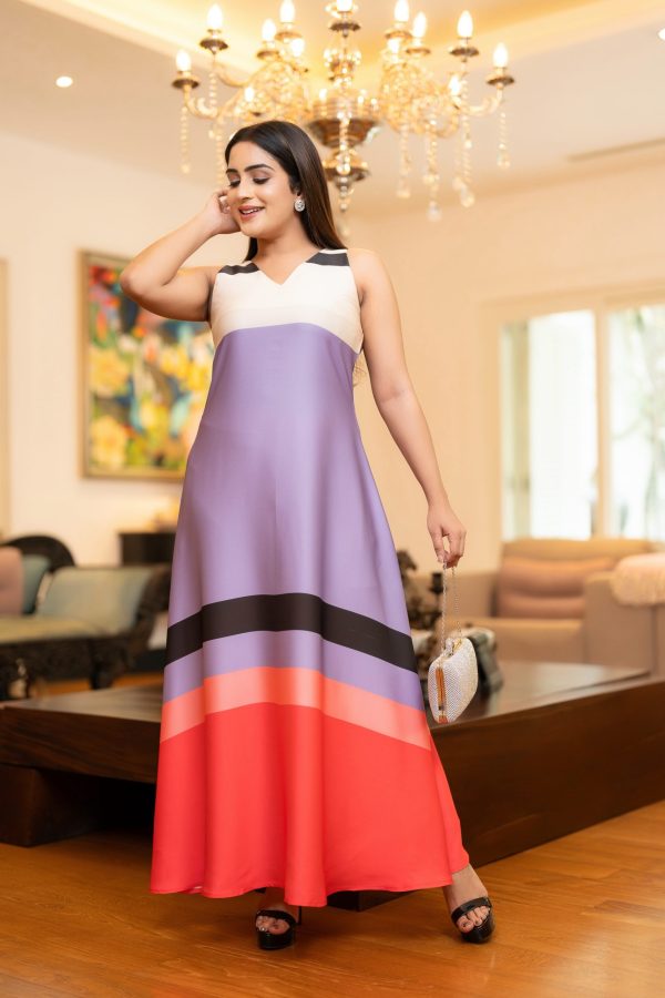 Striped Sleeveless V-Necked Maxi Dress - Image 2