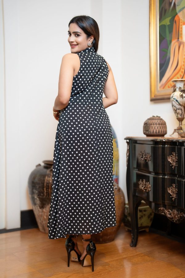 Sleeveless Polka Dot Lapel Collared Button Up Maxi Dress - Image 3