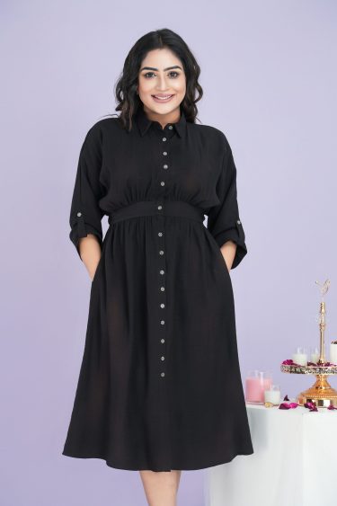 Back Waist Elasticated Button Up Midi Shirt Dress