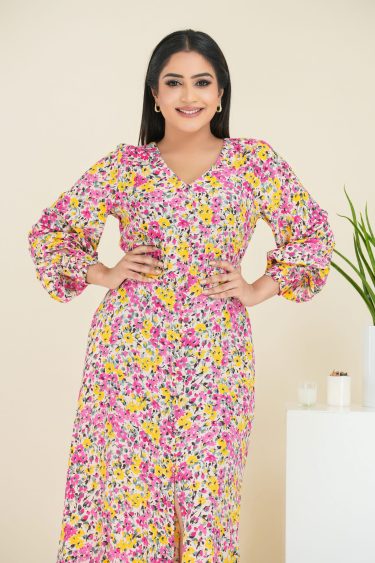 Floral Patterned Mock Placket Detailed Maxi Dress