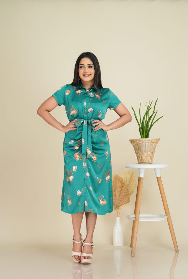 Floral Patterned Ruched Detailed Belted Midi Shirt Dress - Image 5