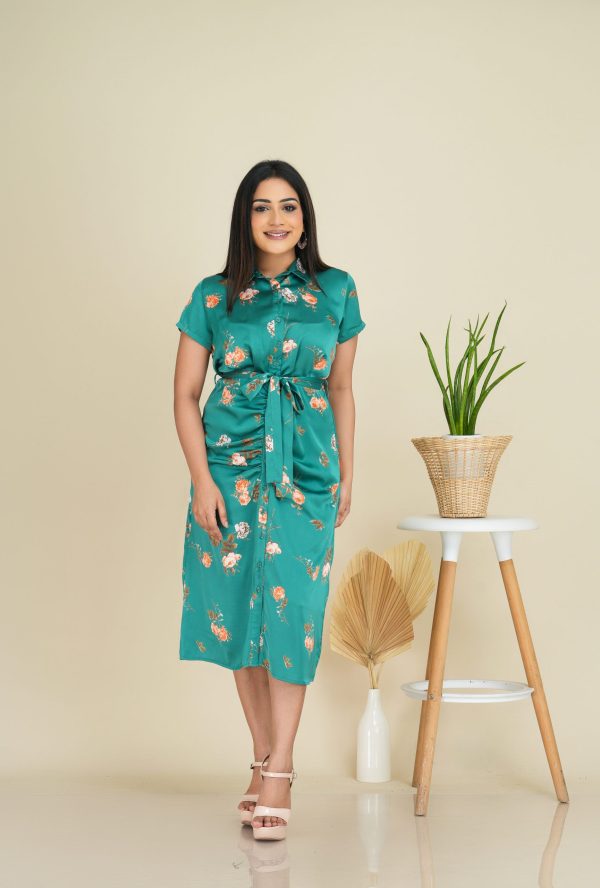 Floral Patterned Ruched Detailed Belted Midi Shirt Dress - Image 4