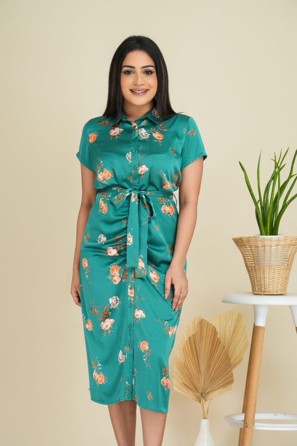 Floral Patterned Ruched Detailed Belted Midi Shirt Dress - Image 3