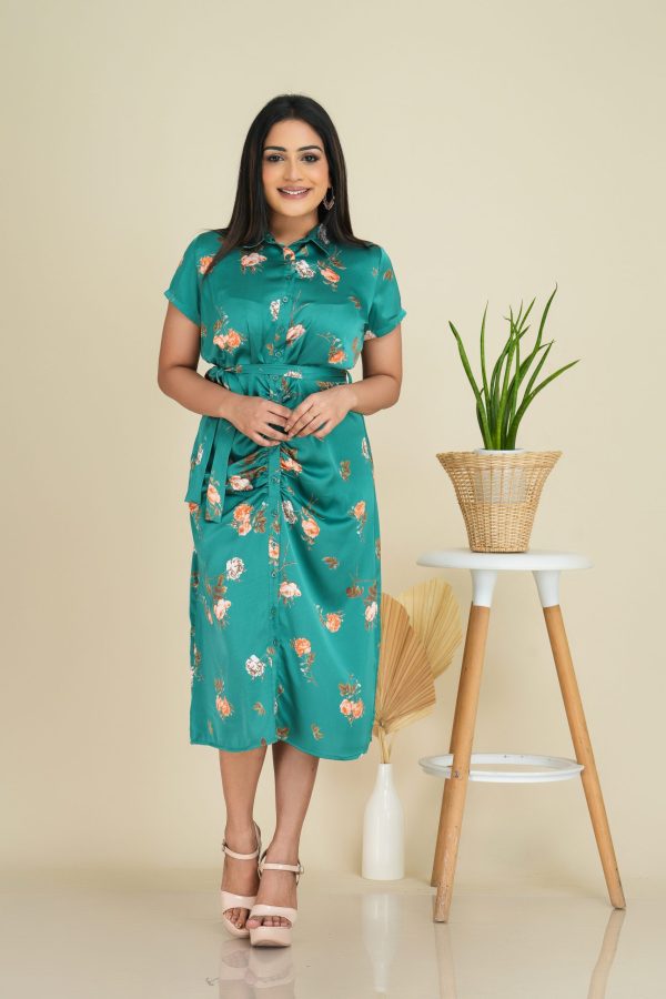 Floral Patterned Ruched Detailed Belted Midi Shirt Dress - Image 2