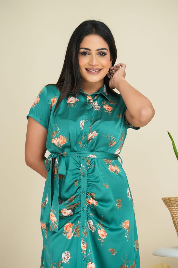 Floral Patterned Ruched Detailed Belted Midi Shirt Dress
