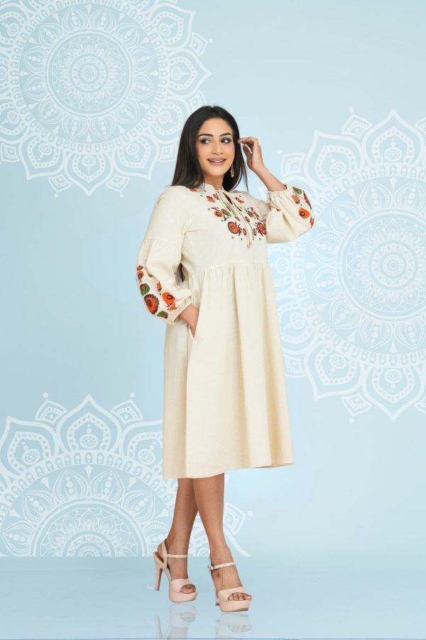 Floral Embroidered Tie-up Detailed Short Dress - Image 3