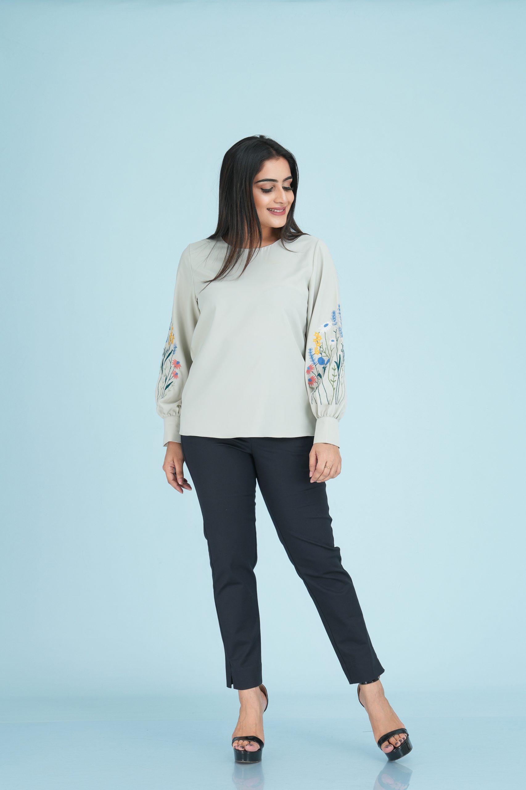 Sleeve Embroidered Jewel Necked Top - Image 4