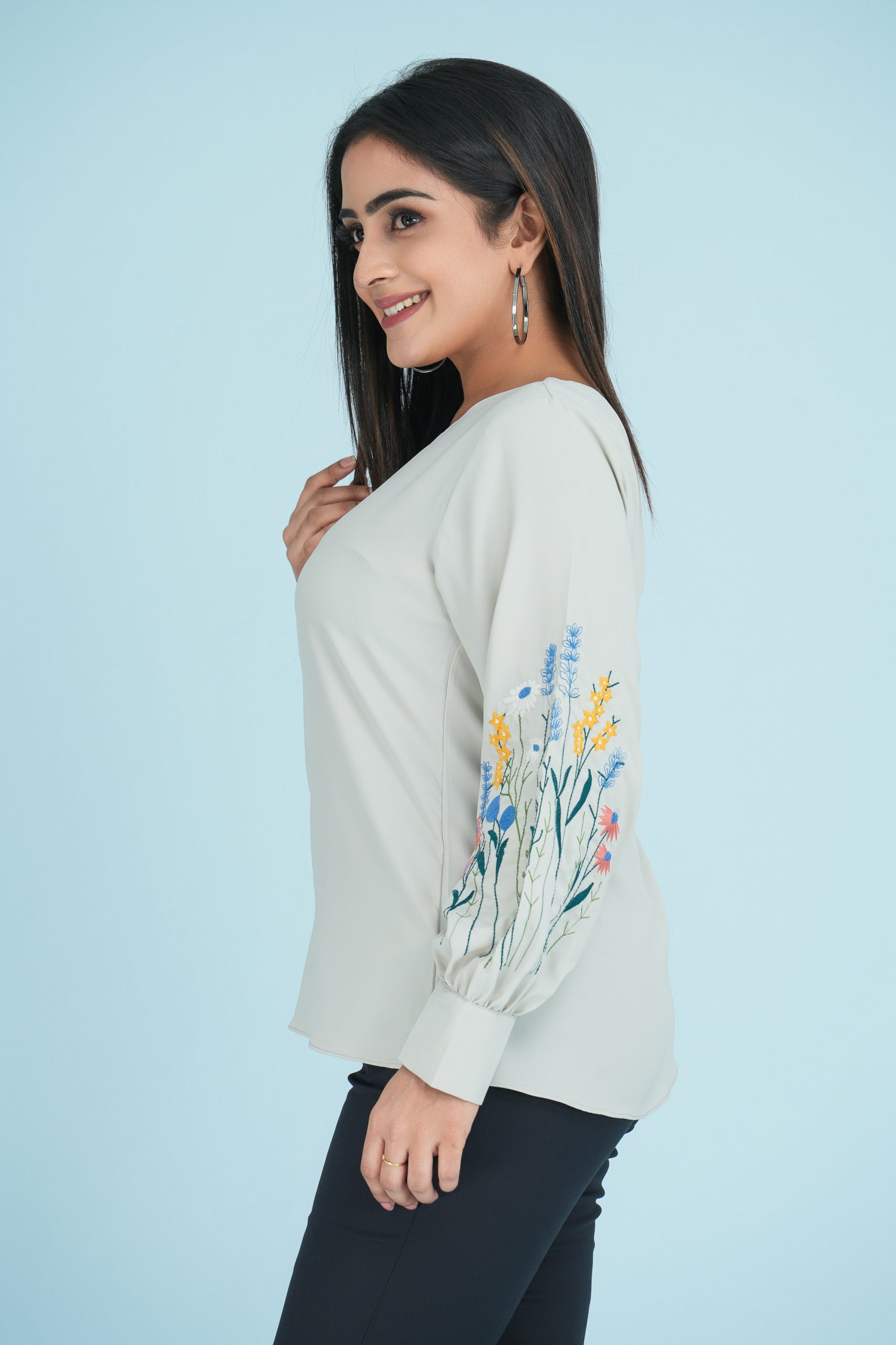 Sleeve Embroidered Jewel Necked Top - Image 2