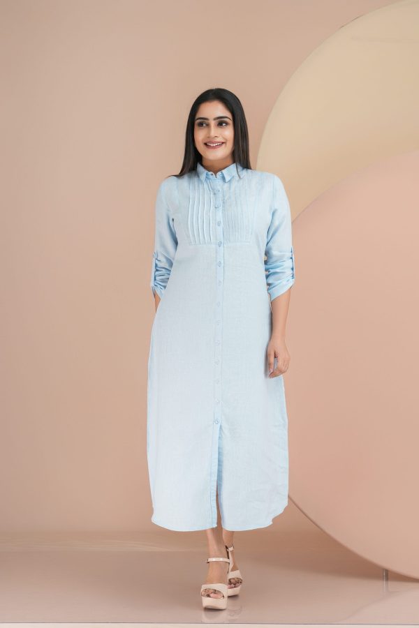 Pintuck Detailed Shirt Collared Button Up Maxi Dress - Image 3