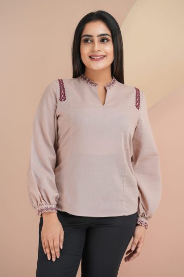 Shoulder Embroidered Chinese Collared Notch Neck Top