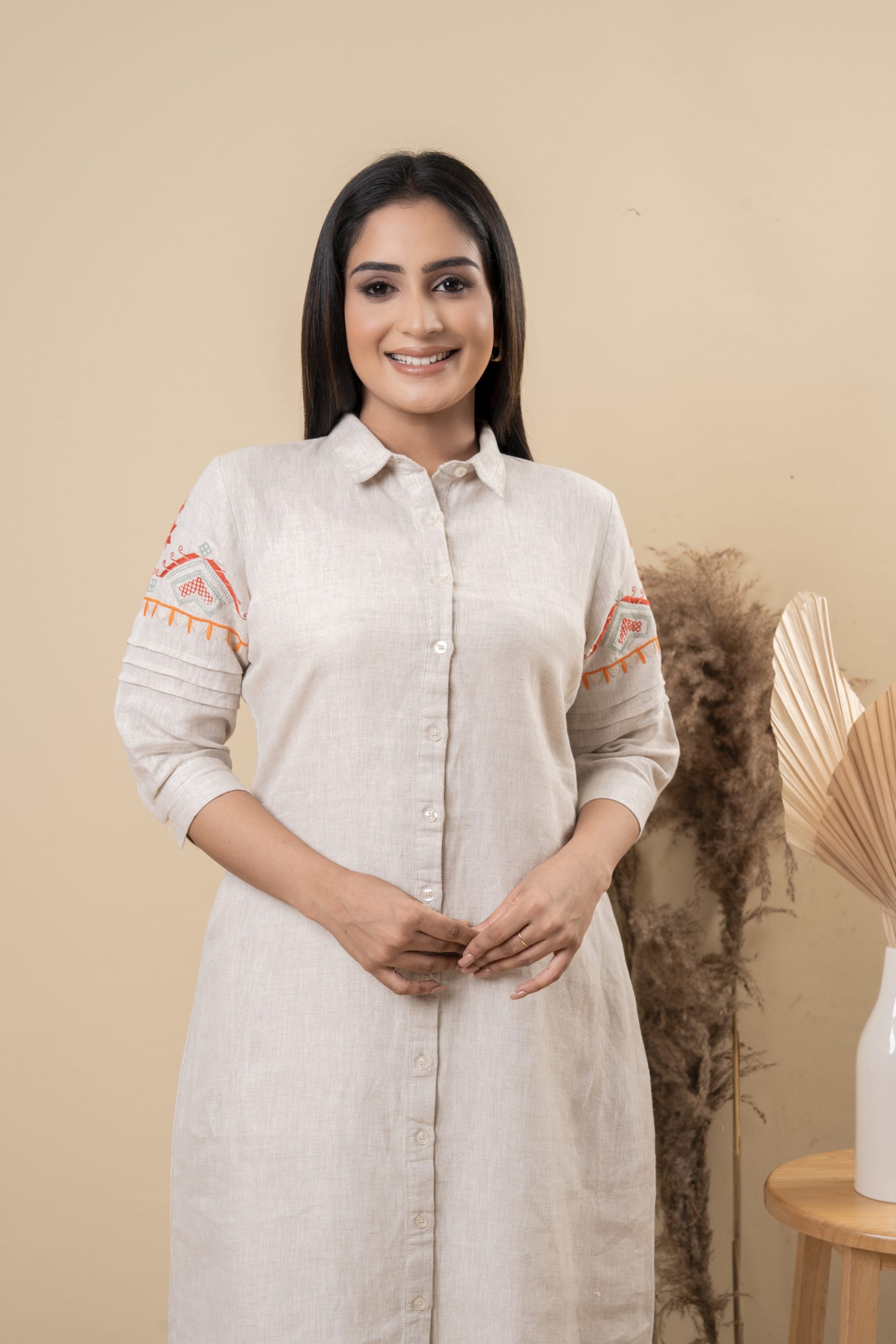 Sleeve Embroidered Button Up Shirt Dress - Image 3