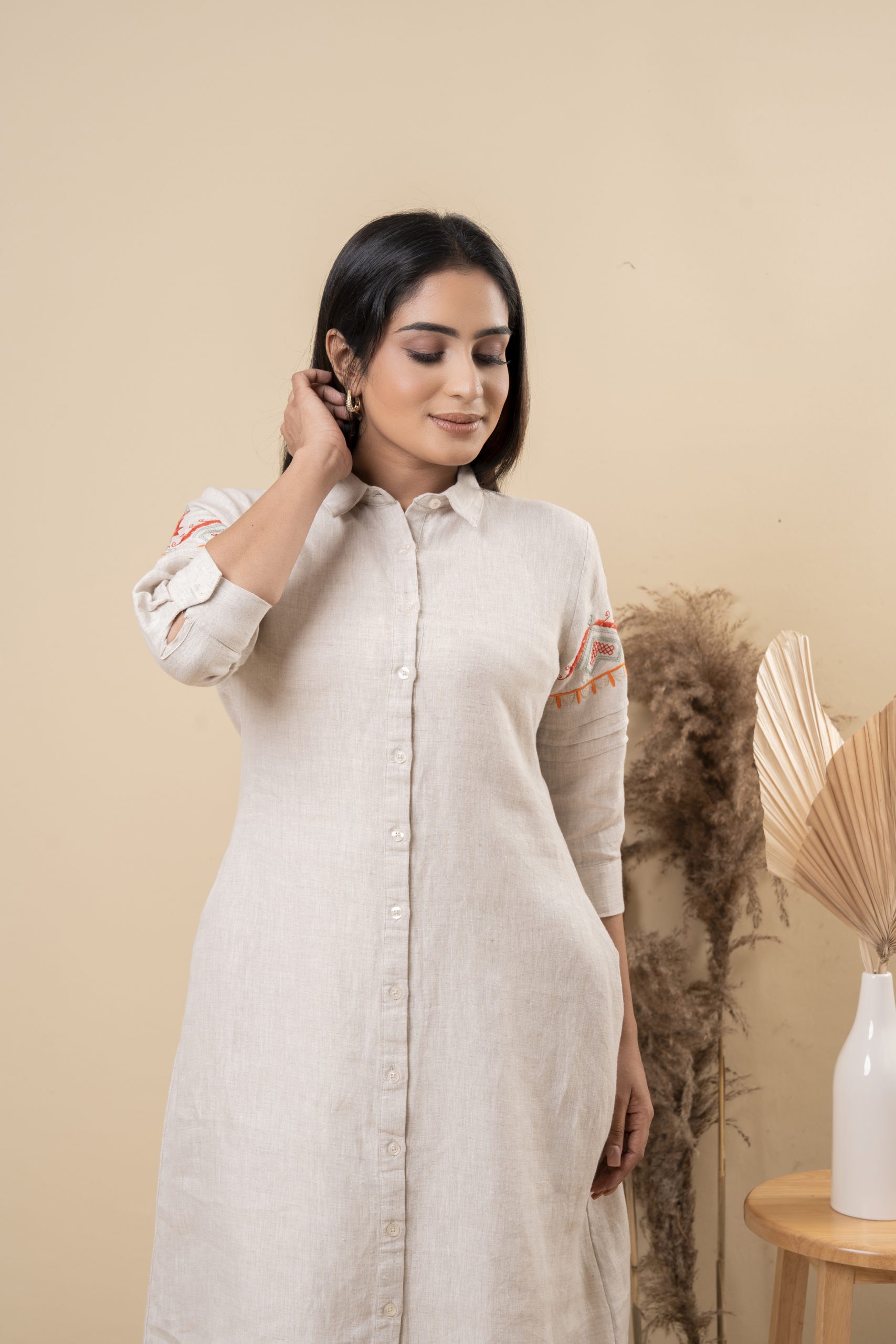 Sleeve Embroidered Button Up Shirt Dress - Image 2