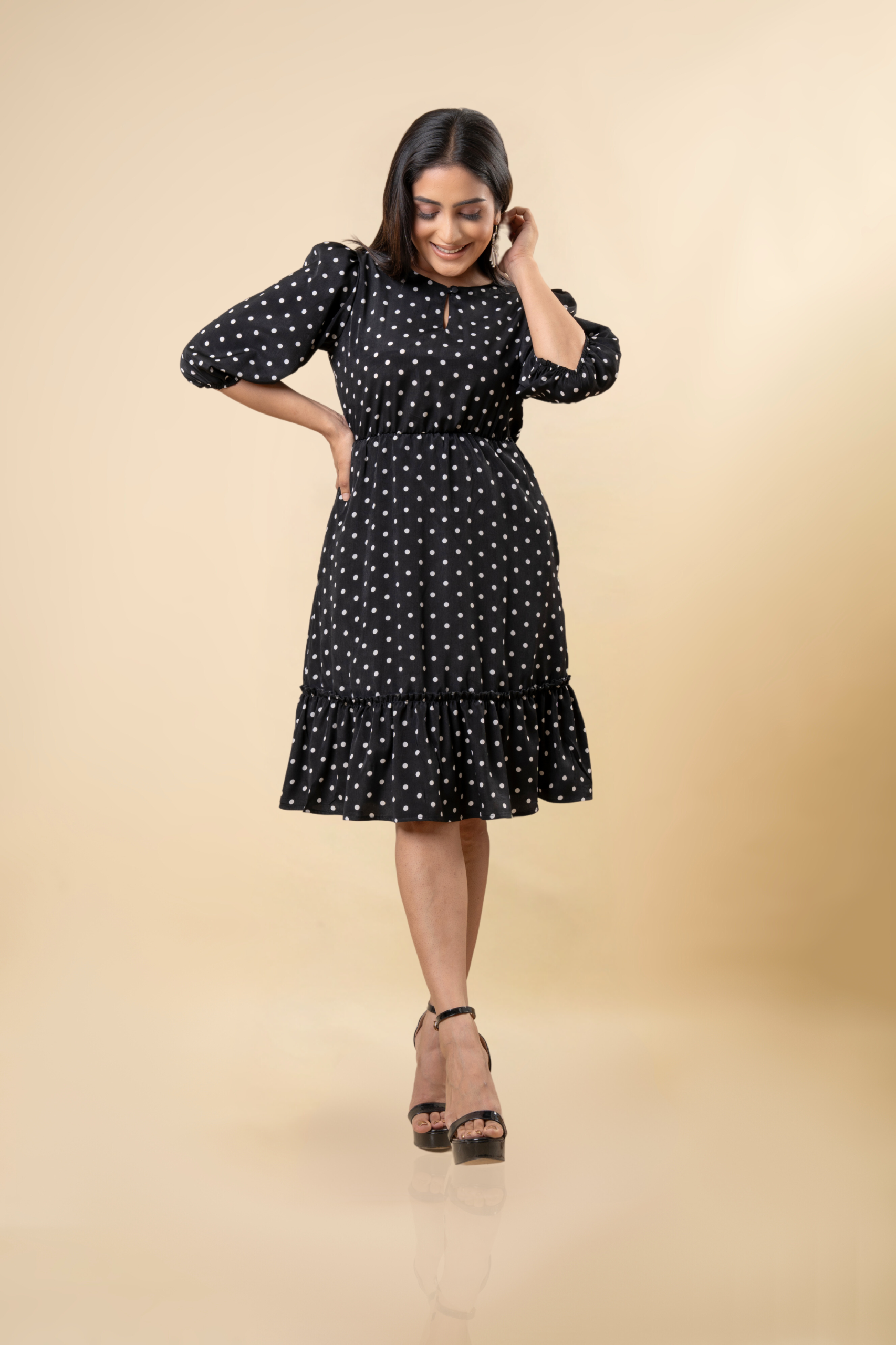 Polka Dot Frilled Hem Short Dress - Image 4