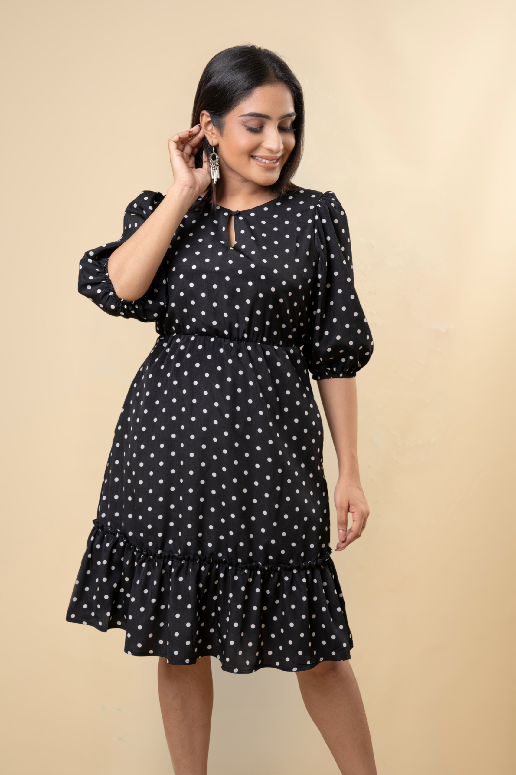 Polka Dot Frilled Hem Short Dress - Image 3