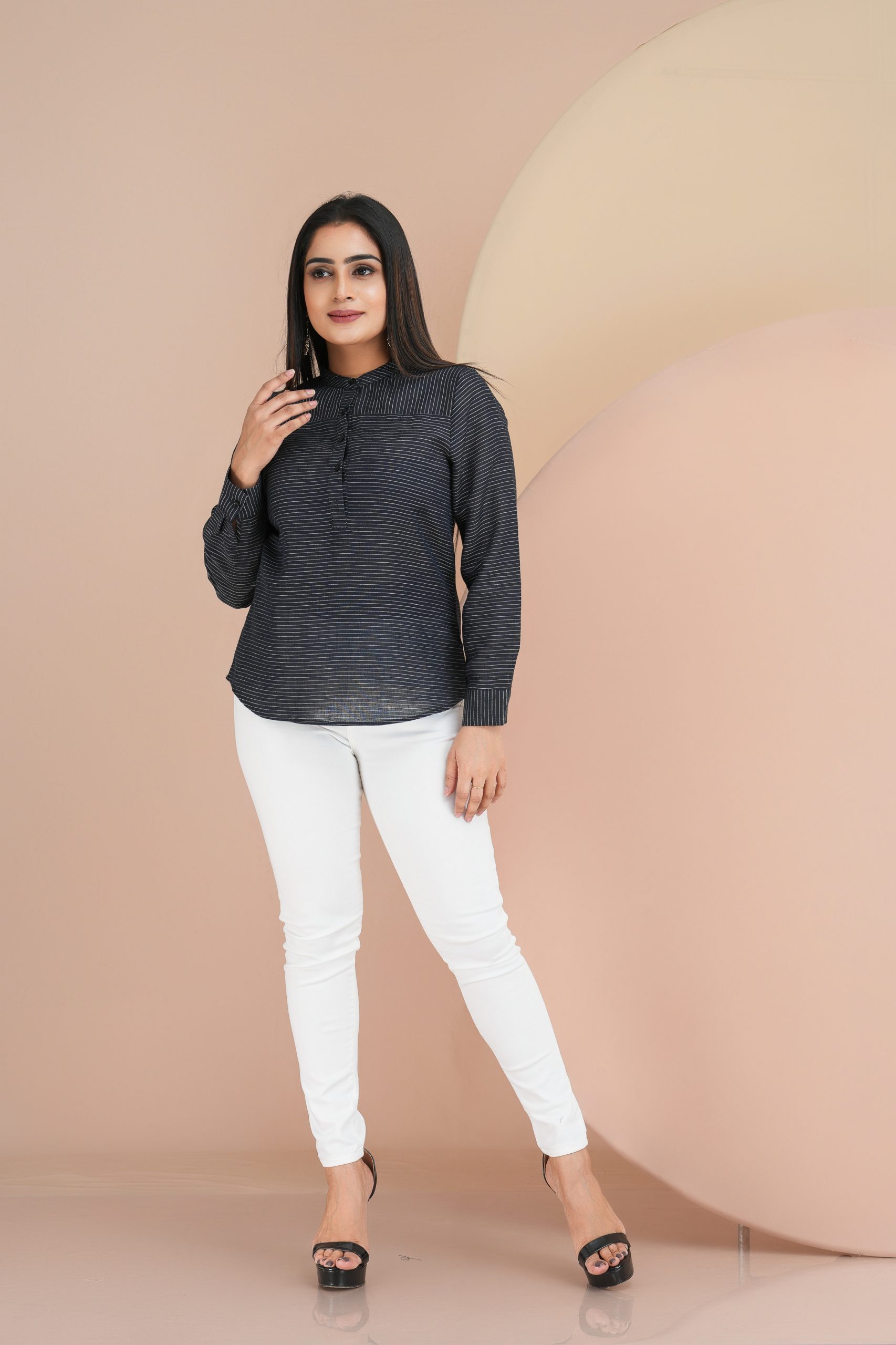 Striped Chinese Collared Button-Up Top - Image 4