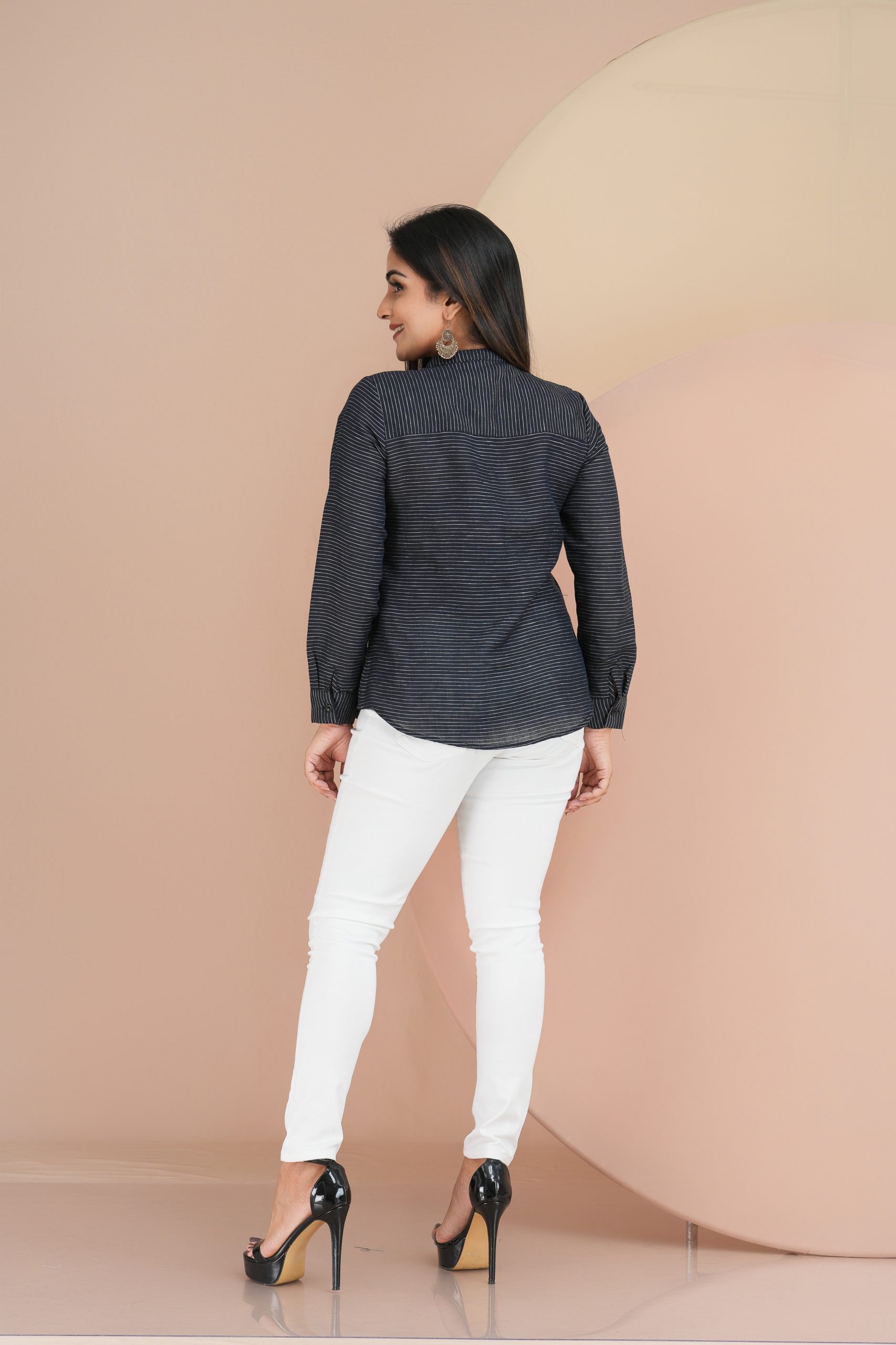 Striped Chinese Collared Button-Up Top - Image 3