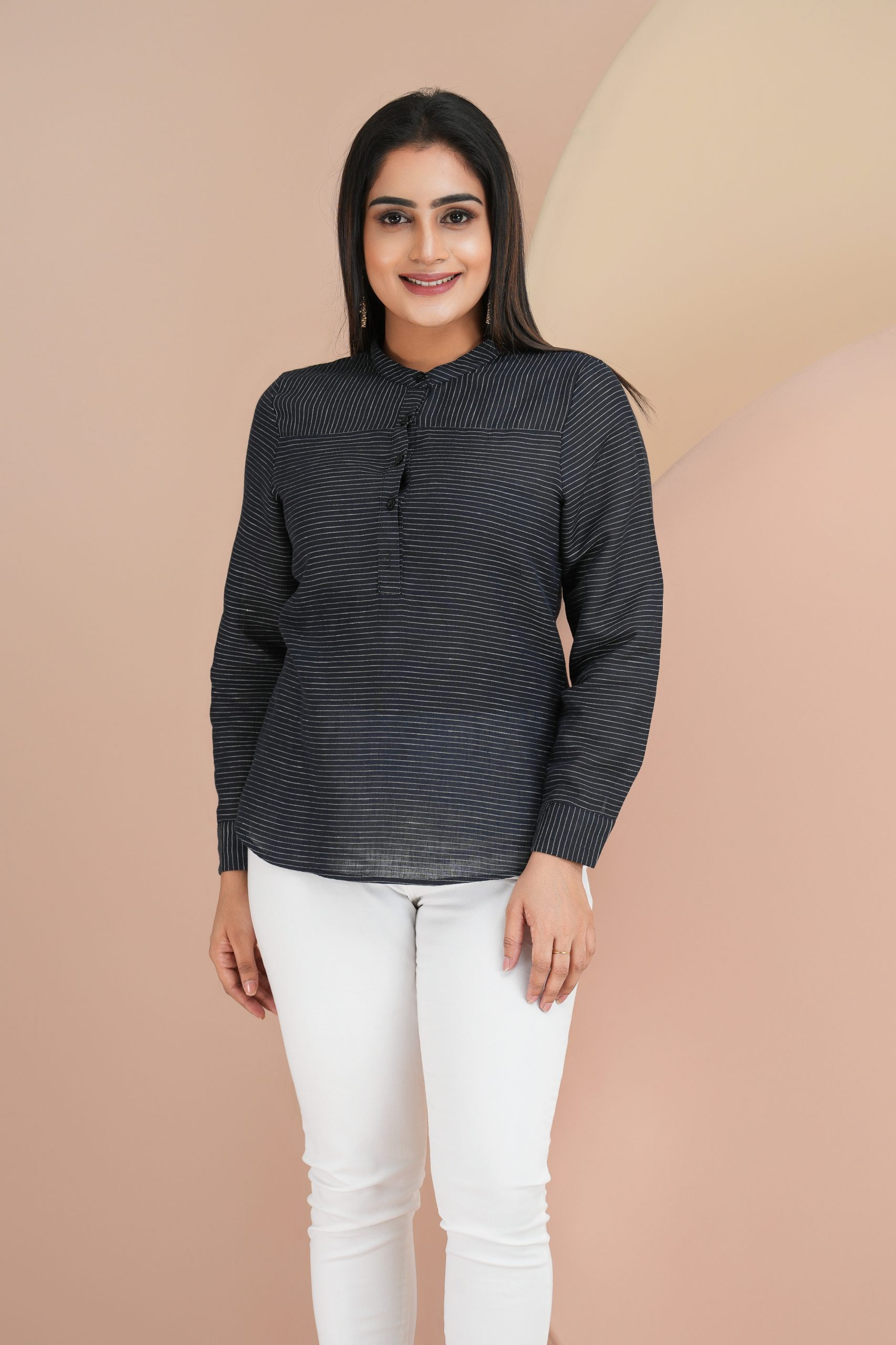 Striped Chinese Collared Button-Up Top - Image 2