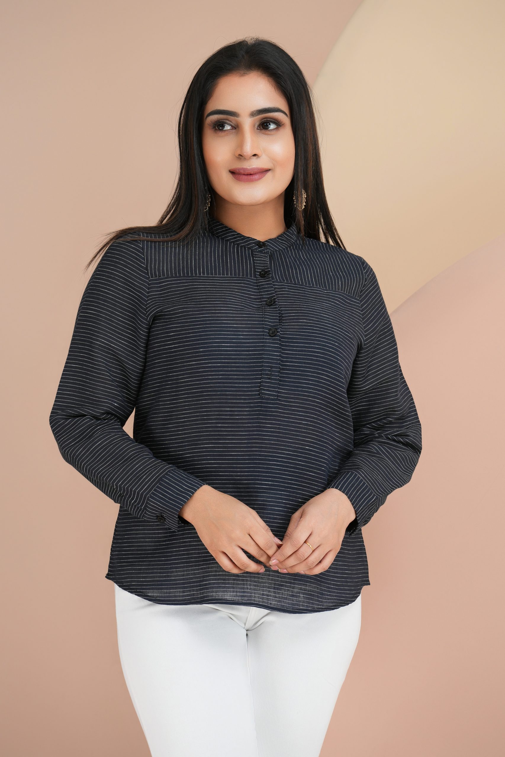 Striped Chinese Collared Button-Up Top