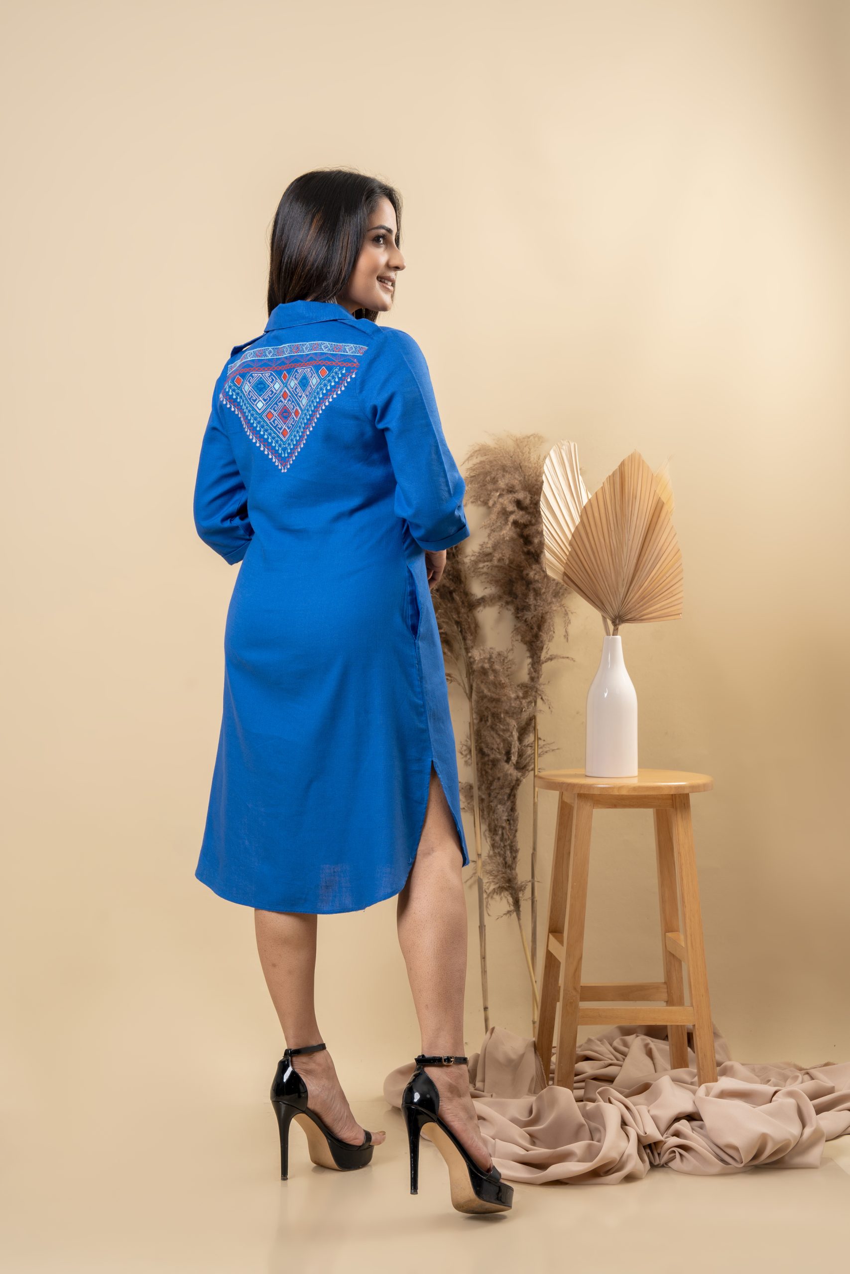 Back York Embroidered Shirt Collared Short Dress - Image 3