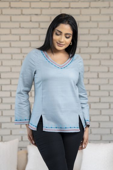 Embroidered front slit top