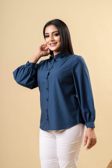 Long Puff Sleeved Button Up Shirt Blouse