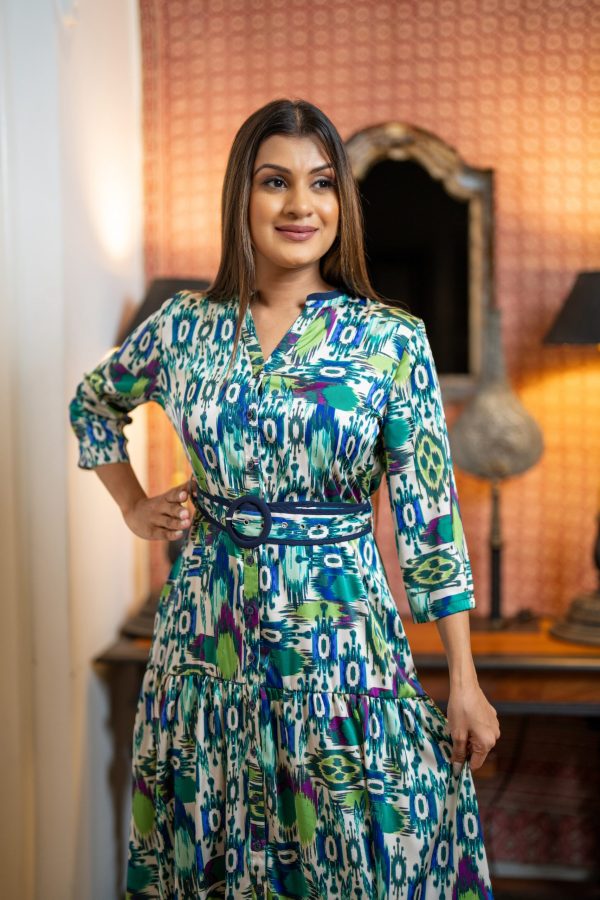 Abstract Patterned Belted Evening Wear Maxi Dress - Image 4