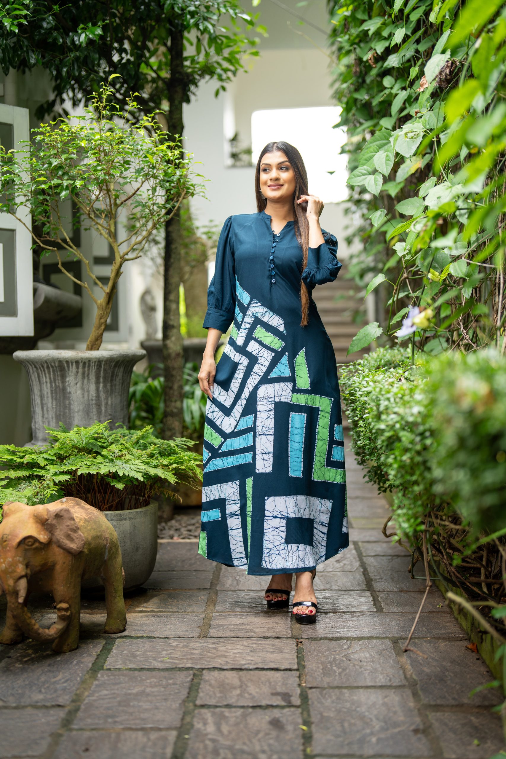 Abstract Geometric Printed Batik Maxi Dress