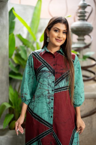 Geometric Printed Batik High-Low Shirt Dress