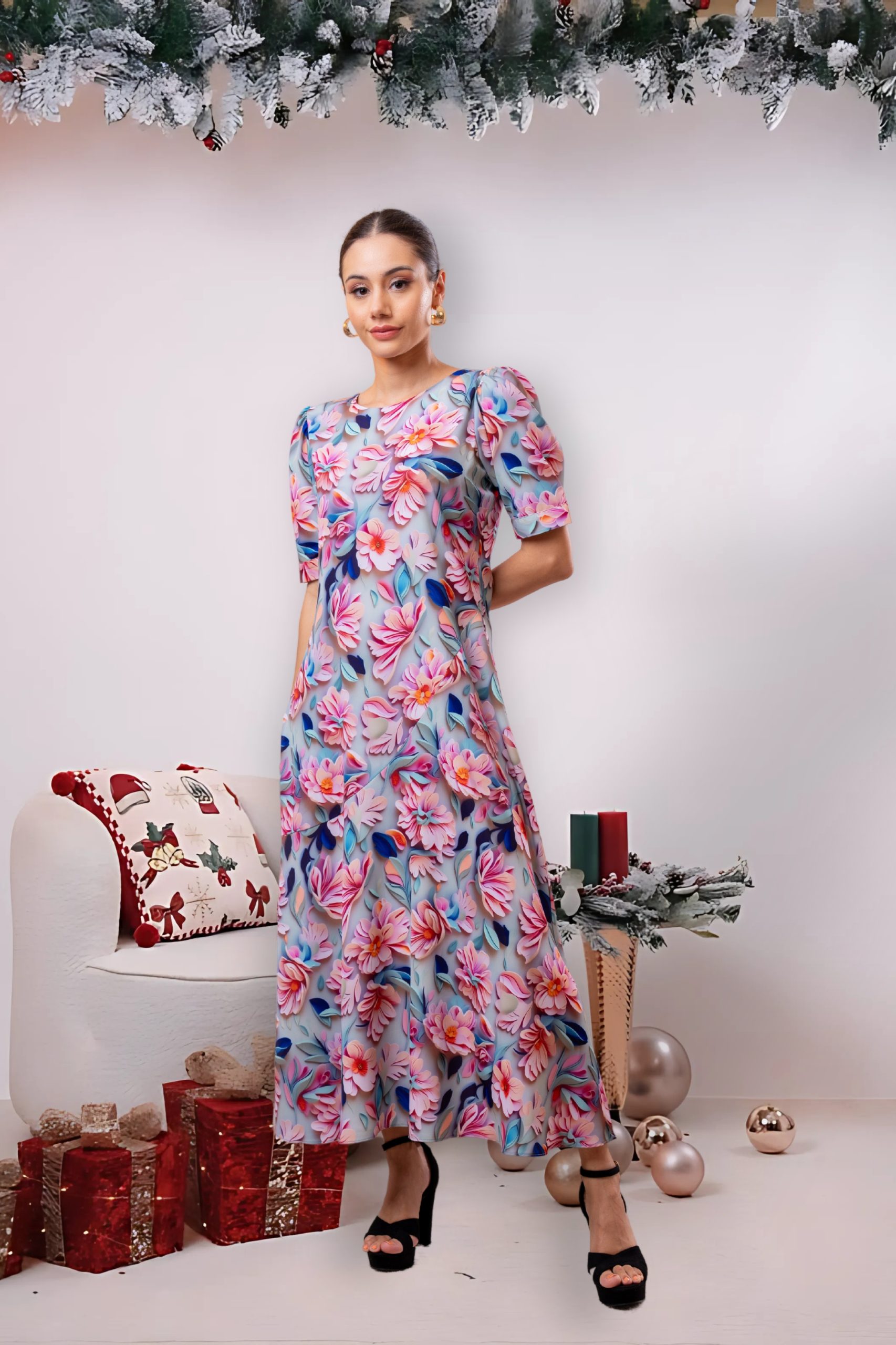 3D Floral Patterned Maxi Dress