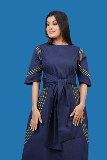 Front Tie-Up Detail Embroidered Midi Dress