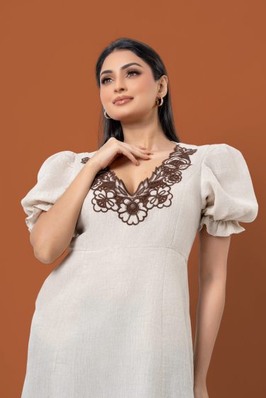 Cut Embroidery Detailed Puff Sleeve Mini Dress