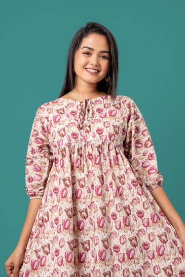 Tulip Patterned Tie-Up Detail Short Dress