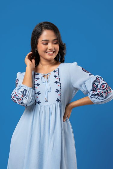 Front Tie-Up Detail Embroidered Midi Dress