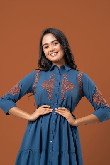 Embroidery Detail Button-Down Tiered Short Dress