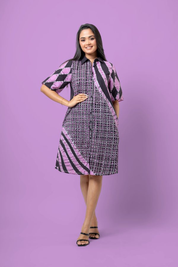Abstract Geometric Patterned Short Shirt Dress - Image 3