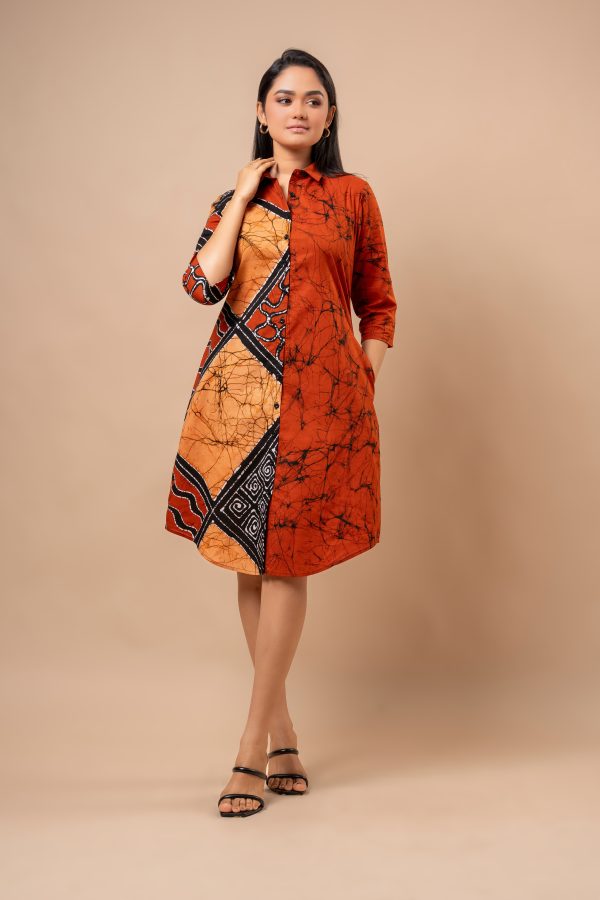 Geometric Patterned Two-Tone Short Batik Shirt Dress - Image 4
