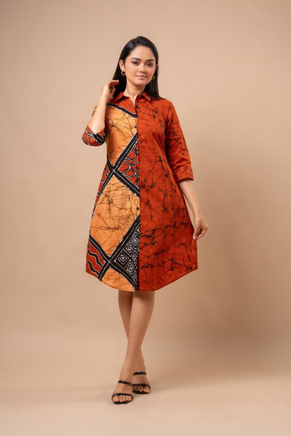 Geometric Patterned Two-Tone Short Batik Shirt Dress - Image 3