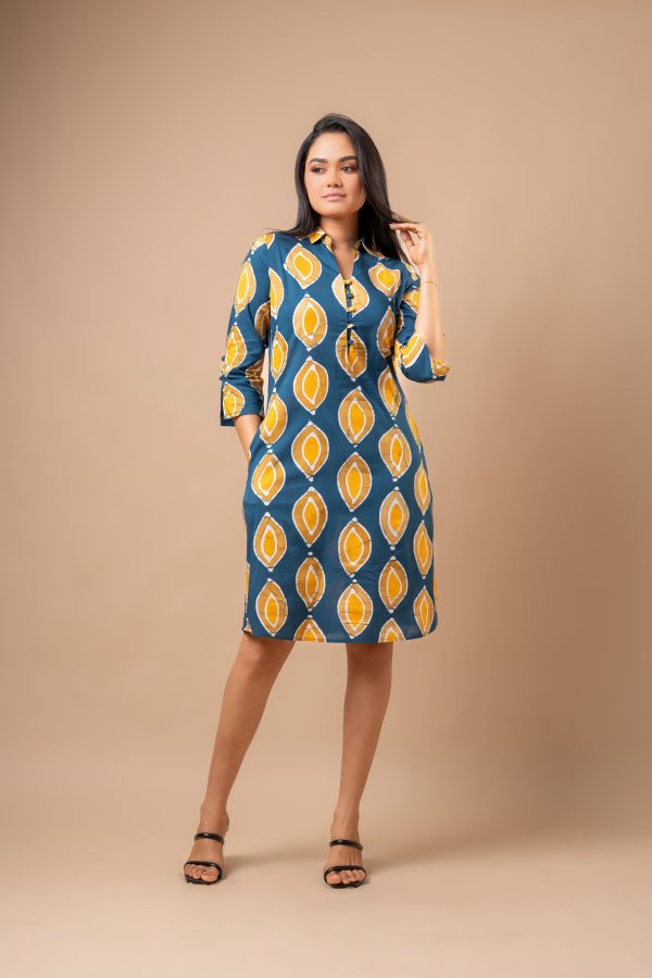 Sleeve Button Detail Patterned Batik Short Dress - Image 5