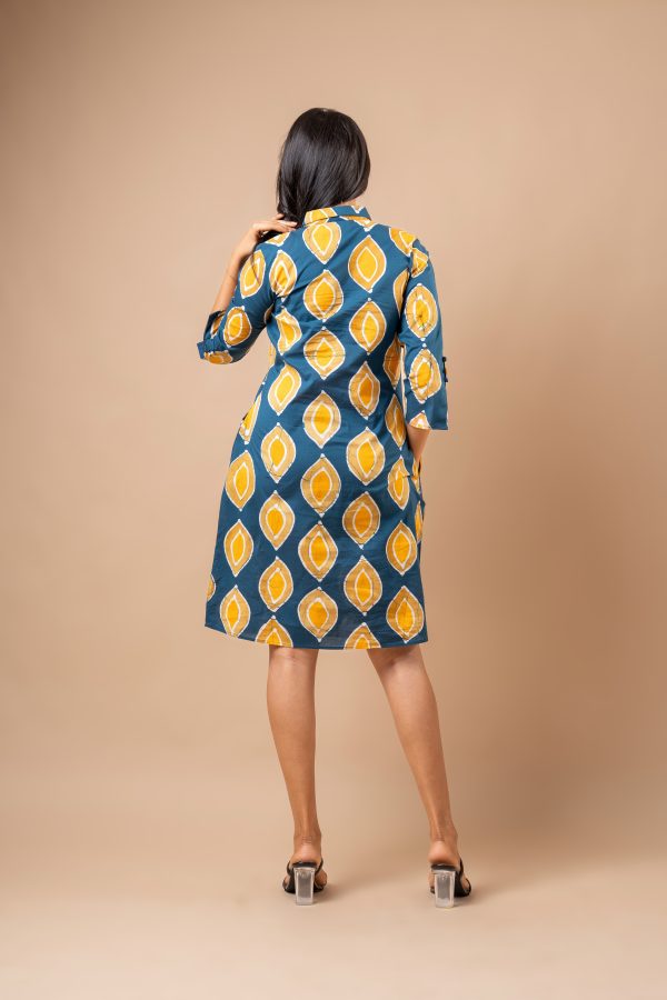 Sleeve Button Detail Patterned Batik Short Dress - Image 6