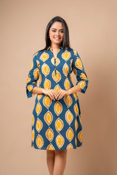 Sleeve Button Detail Patterned Batik Short Dress