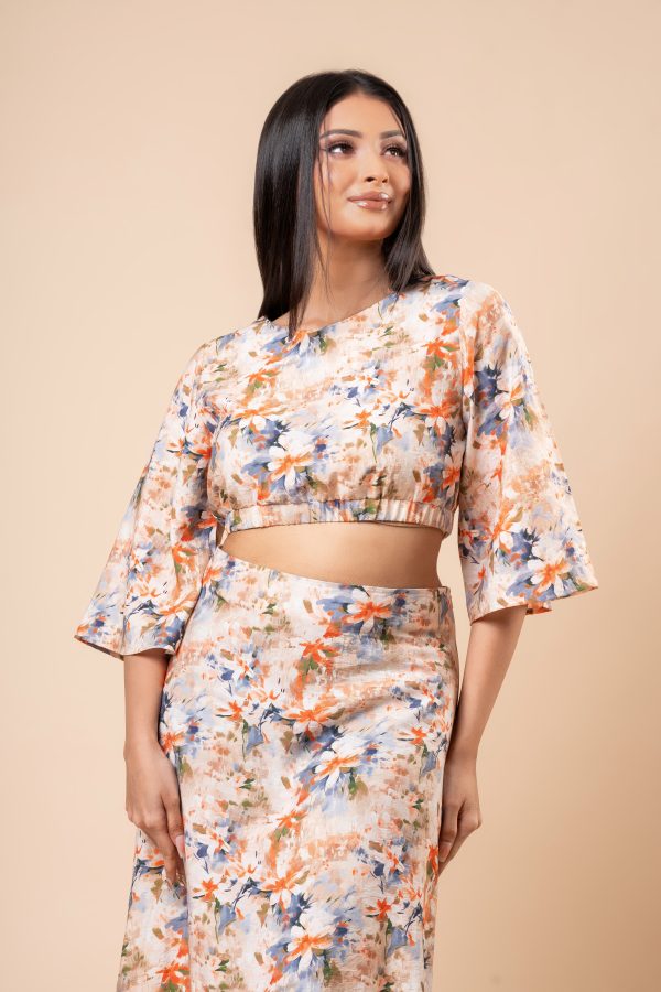 Watercolour Floral Patterned Crop Top and Skirt Set - Image 2