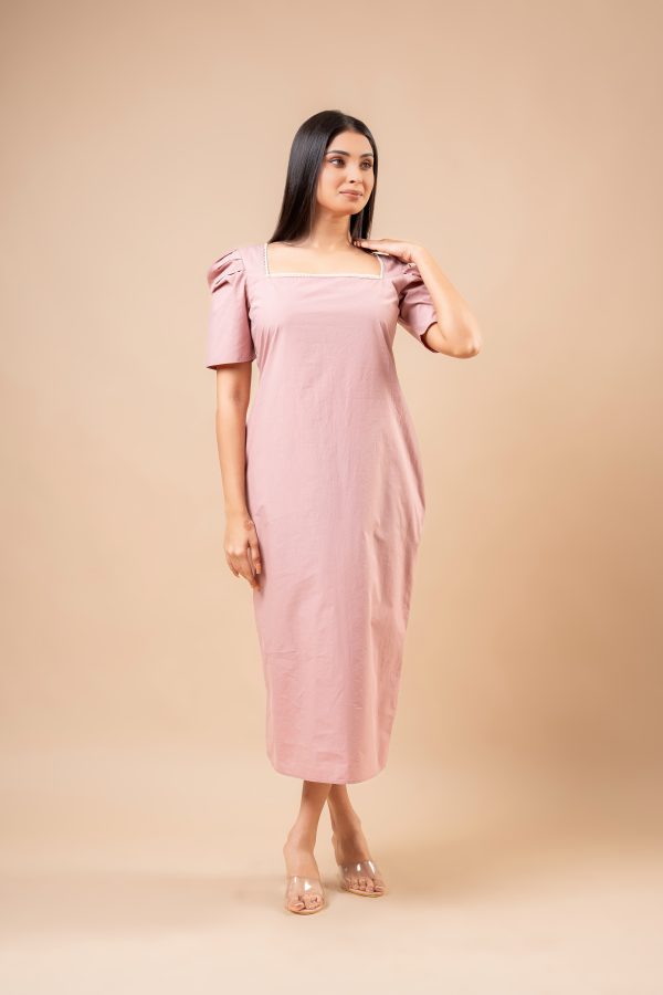 Lace Neckline Detail Puff Sleeve Midi Dress - Image 3