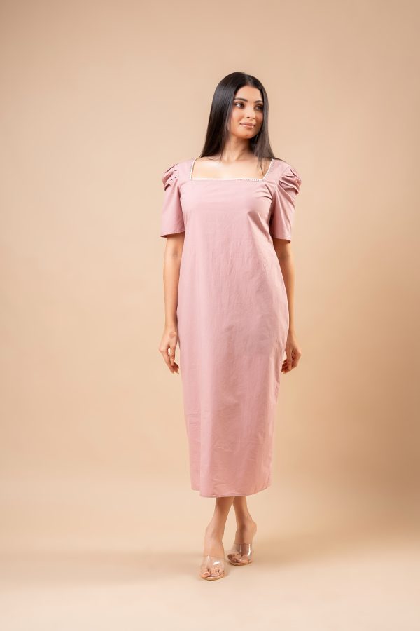 Lace Neckline Detail Puff Sleeve Midi Dress - Image 4