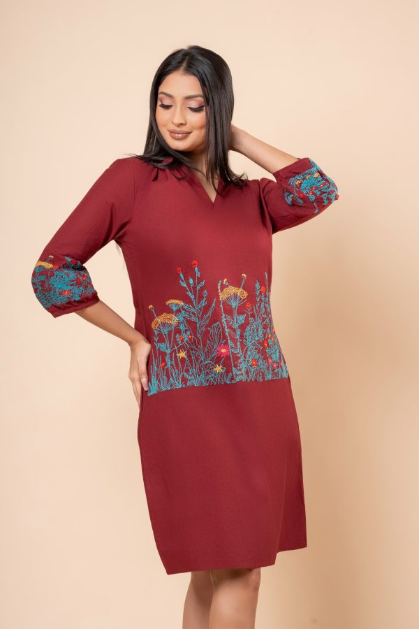 Floral Embroidered Notch Necked Short Dress - Image 5