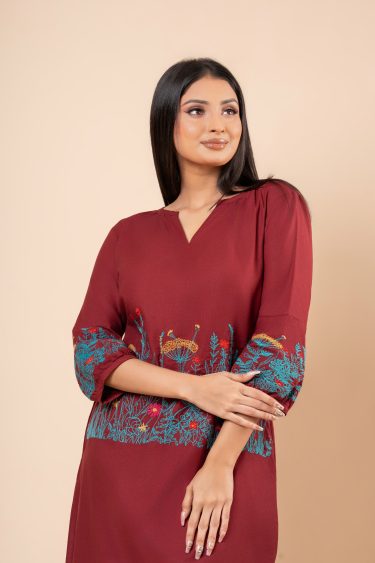 Floral Embroidered Notch Necked Short Dress